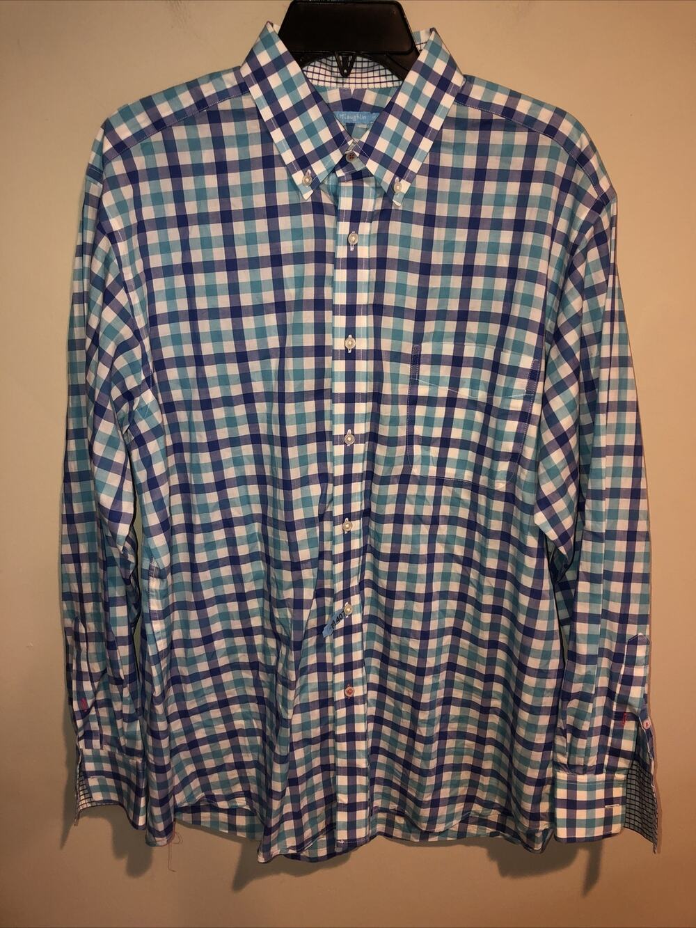 J. McLaughlin Men's Button Down Blues Plaid Long Sleeve Shirt Med 100% Cotton